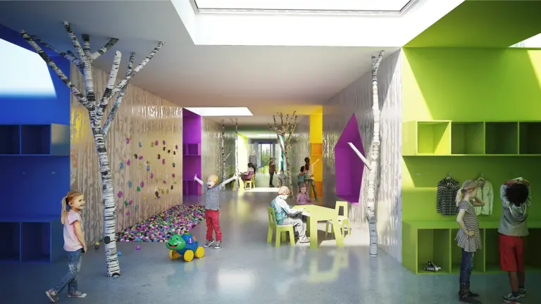 Kinder spielen und malen in der Kita des Wohnquartiers ORPLID