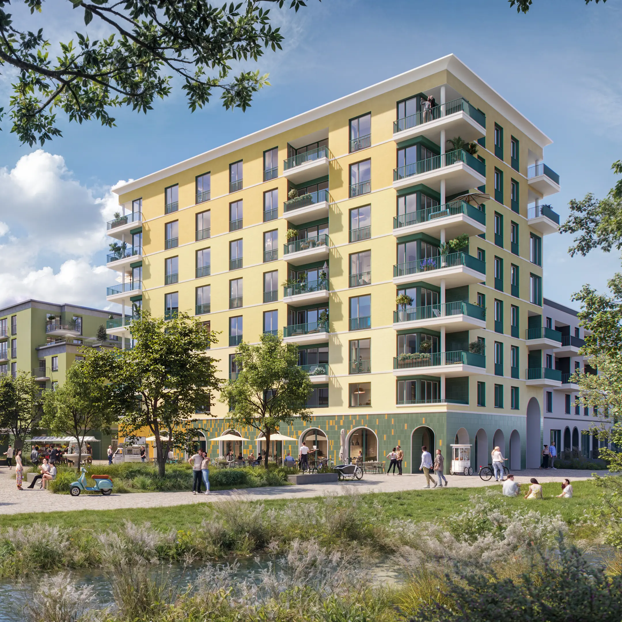 Wohngebäude des Quartiers ORPLID mit Hachinger Bach im Vordergrund