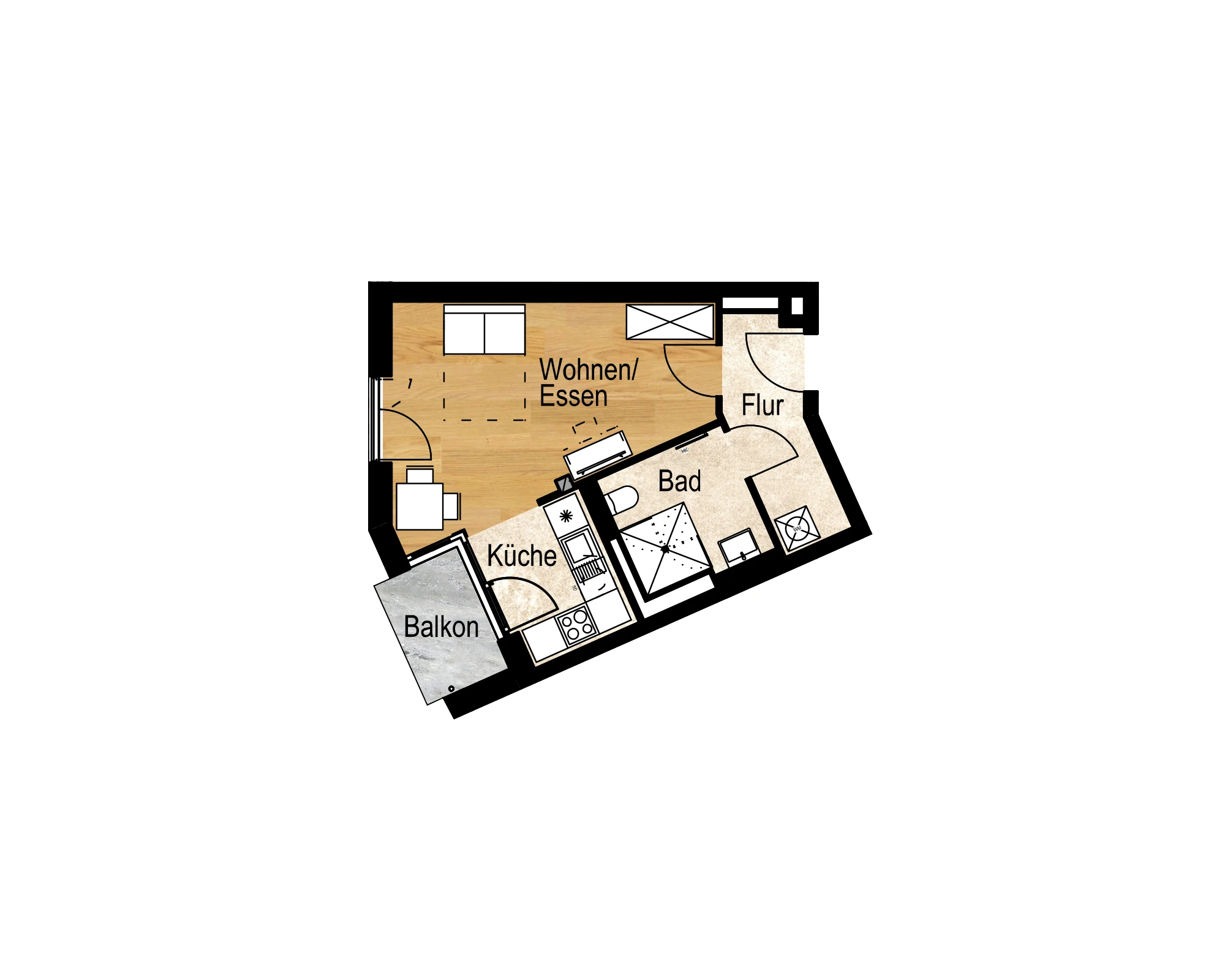 Grundriss einer 1-Zimmer-Wohnung im Quartier ORPLID mit Balkon