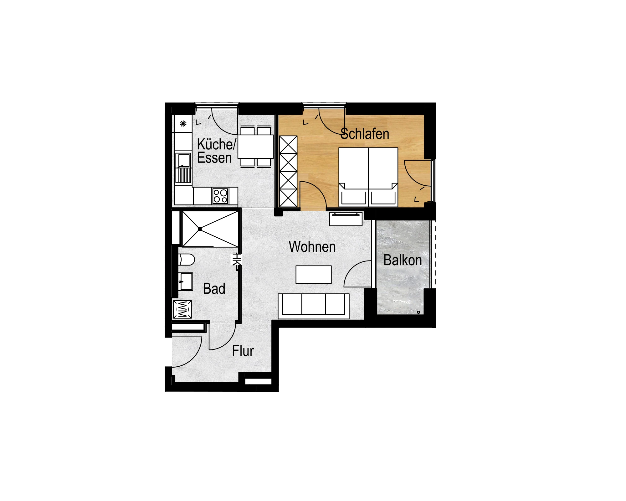 Grundriss einer 2-Zimmer-Wohnung im Quartier ORPLID mit Balkon