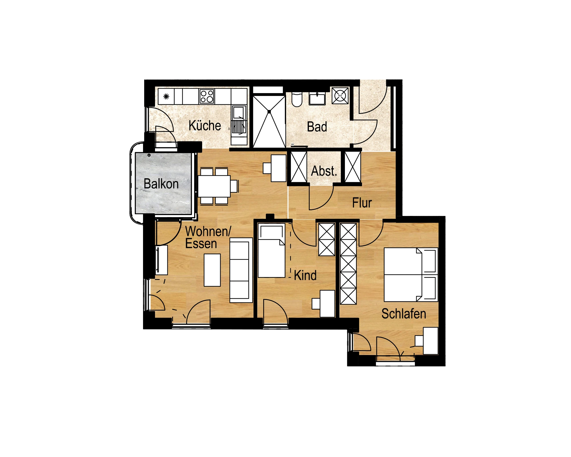 Grundriss einer 3-Zimmer-Wohnung im Quartier ORPLID mit Balkon