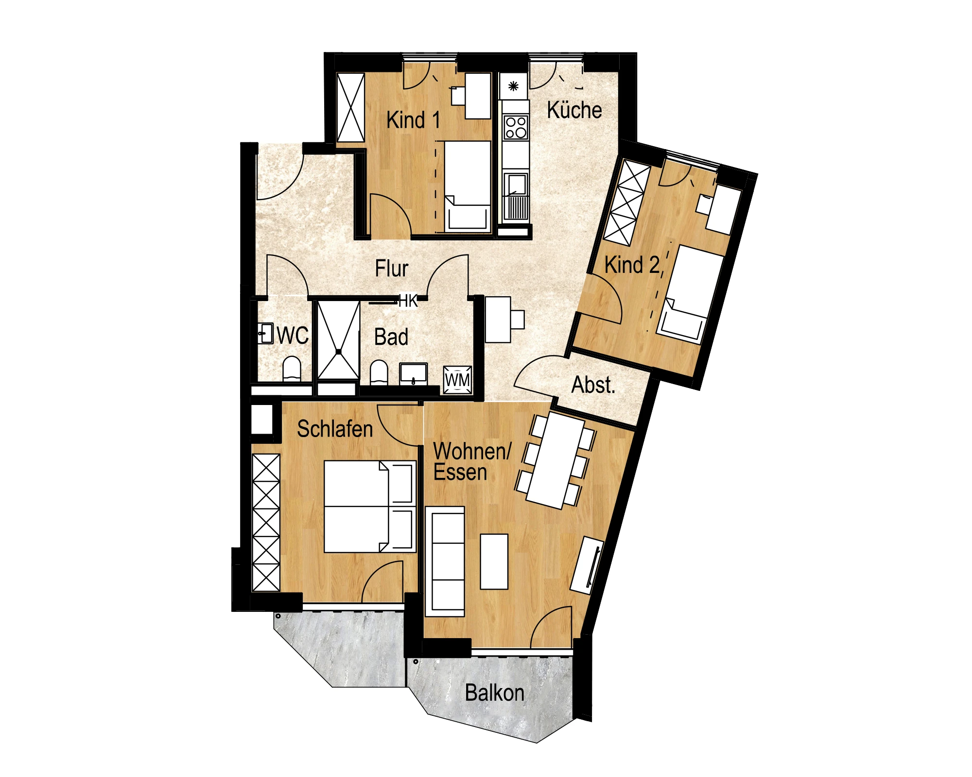 Grundriss einer 4-Zimmer-Wohnung im Quartier ORPLID mit Balkon