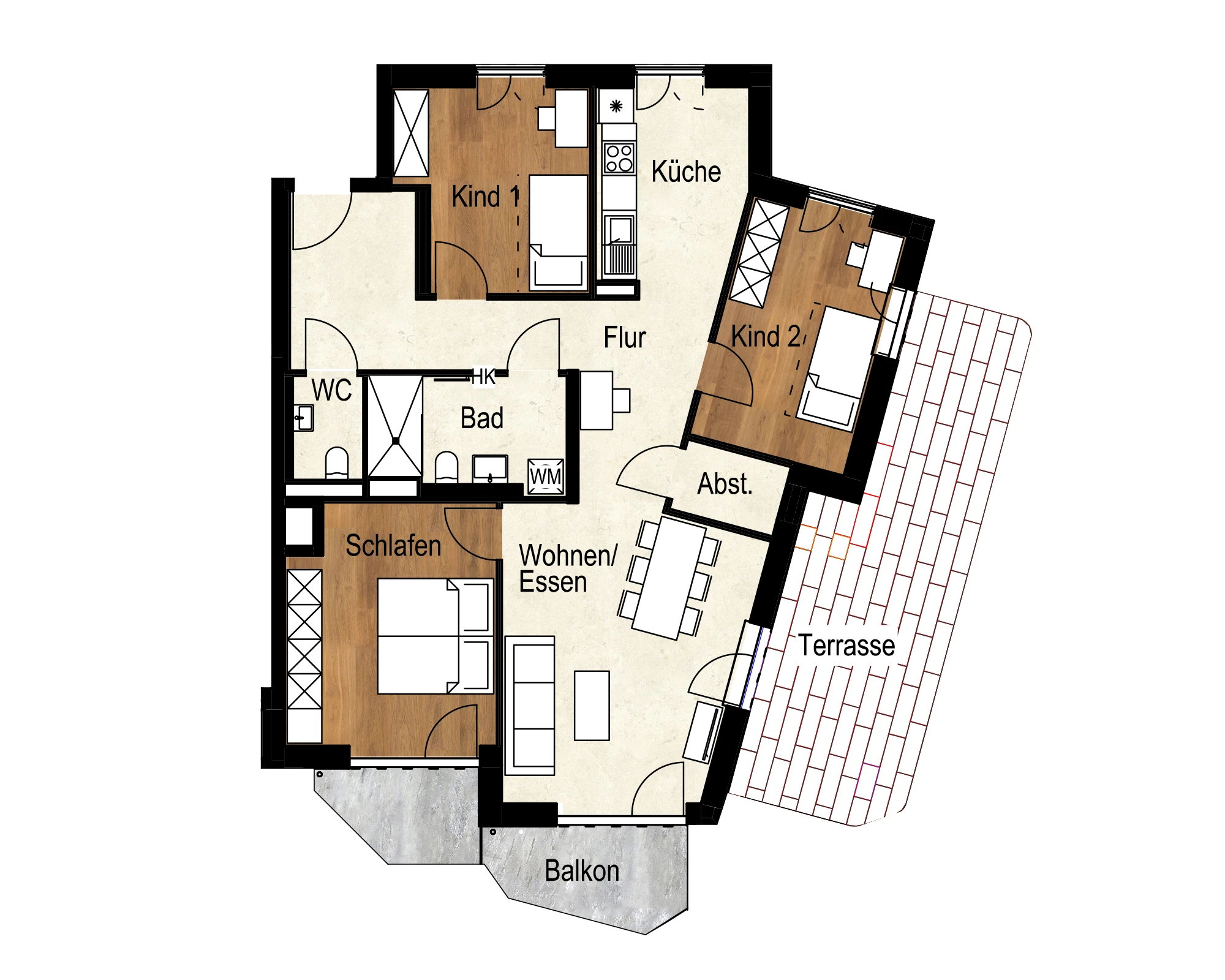 Grundriss einer 4-Zimmer-Wohnung im Quartier ORPLID mit Balkon und Terrasse