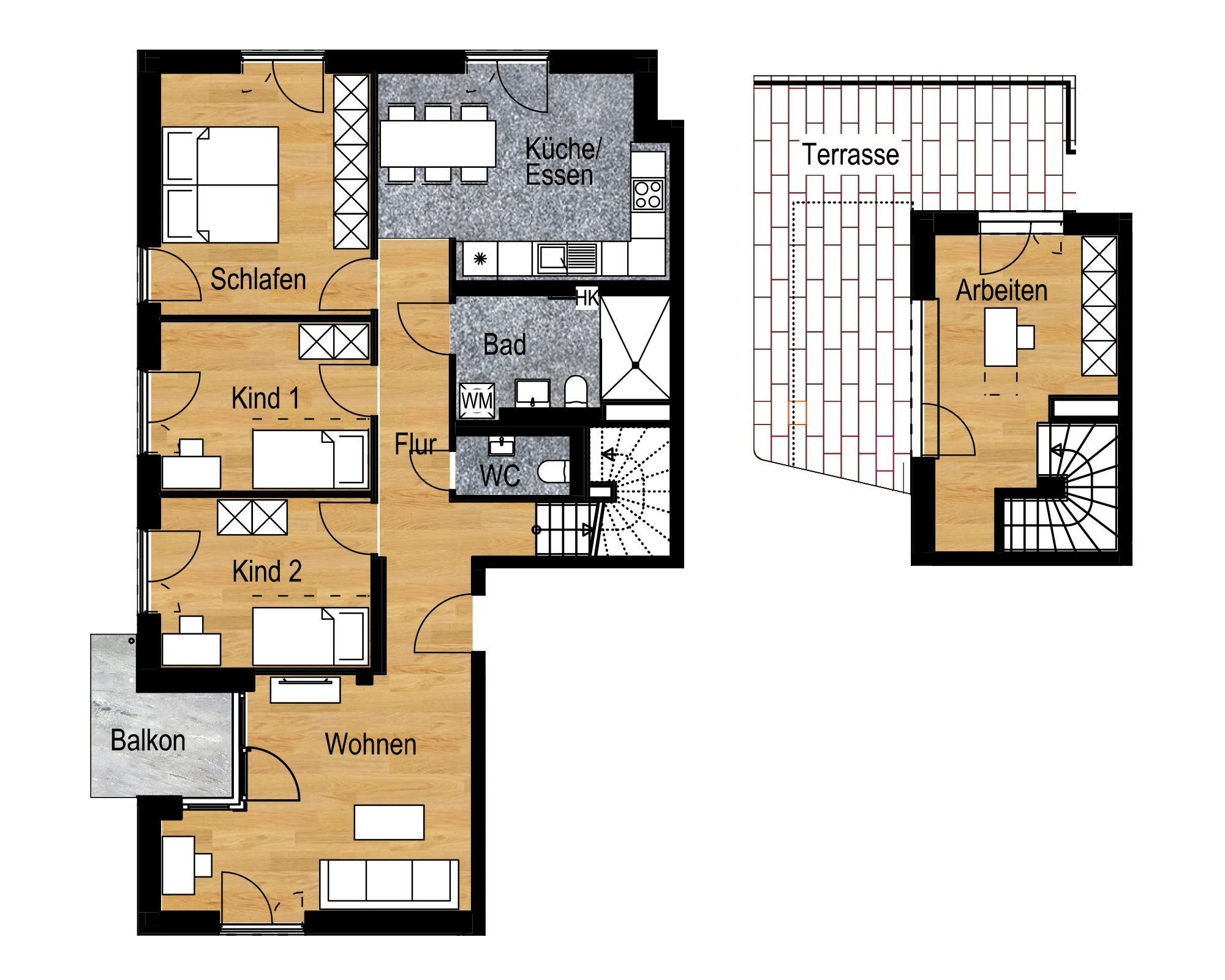 Grundriss einer luxuriösen 5-Zimmer-Maisonette im Quartier ORPLID mit Büro, Balkon und Terrasse