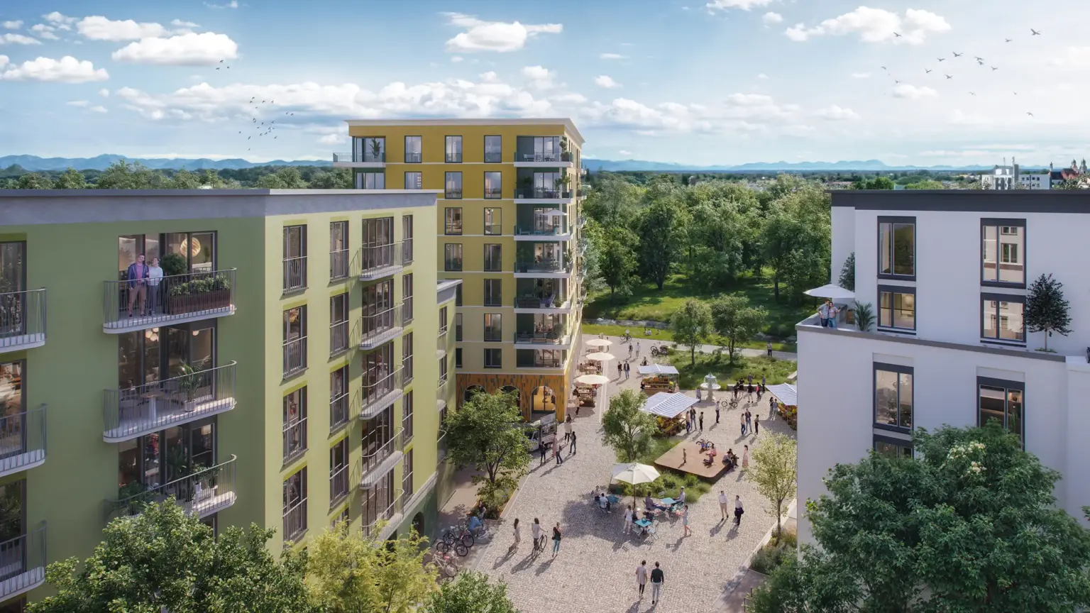 Architekturvisualisierung eines modernen Wohngebäudes mit mehreren Etagen und Balkonen.