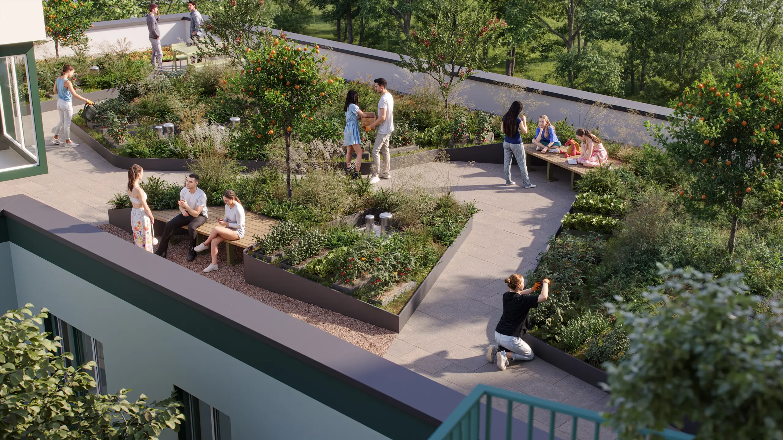 Urban Gardening: Bewohner im Gemeinschaftsgarten auf dem Dach der Wohnanlage ORPLID