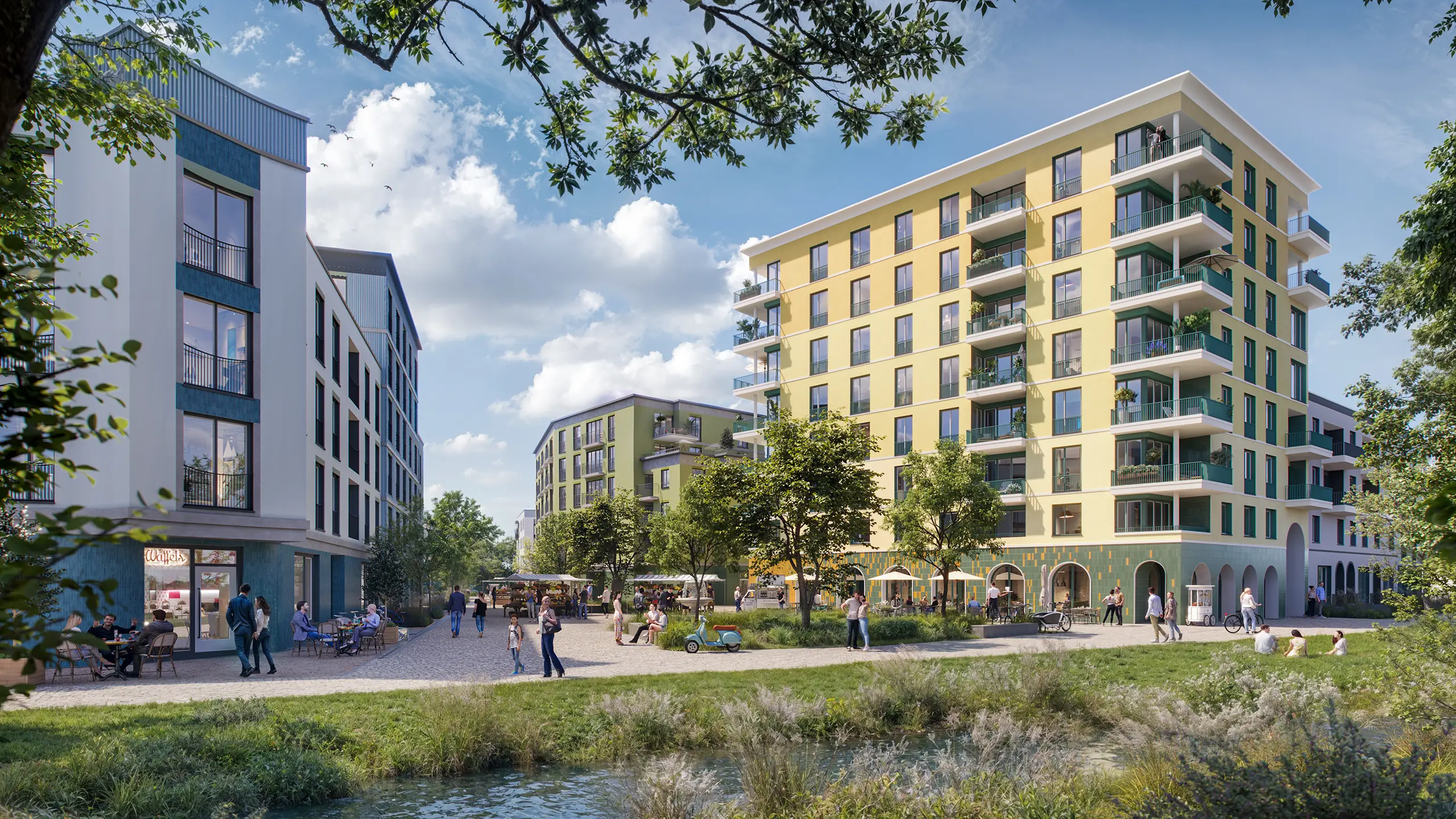 Wohngebäude des Quartiers ORPLID mit Hachinger Bach im Vordergrund