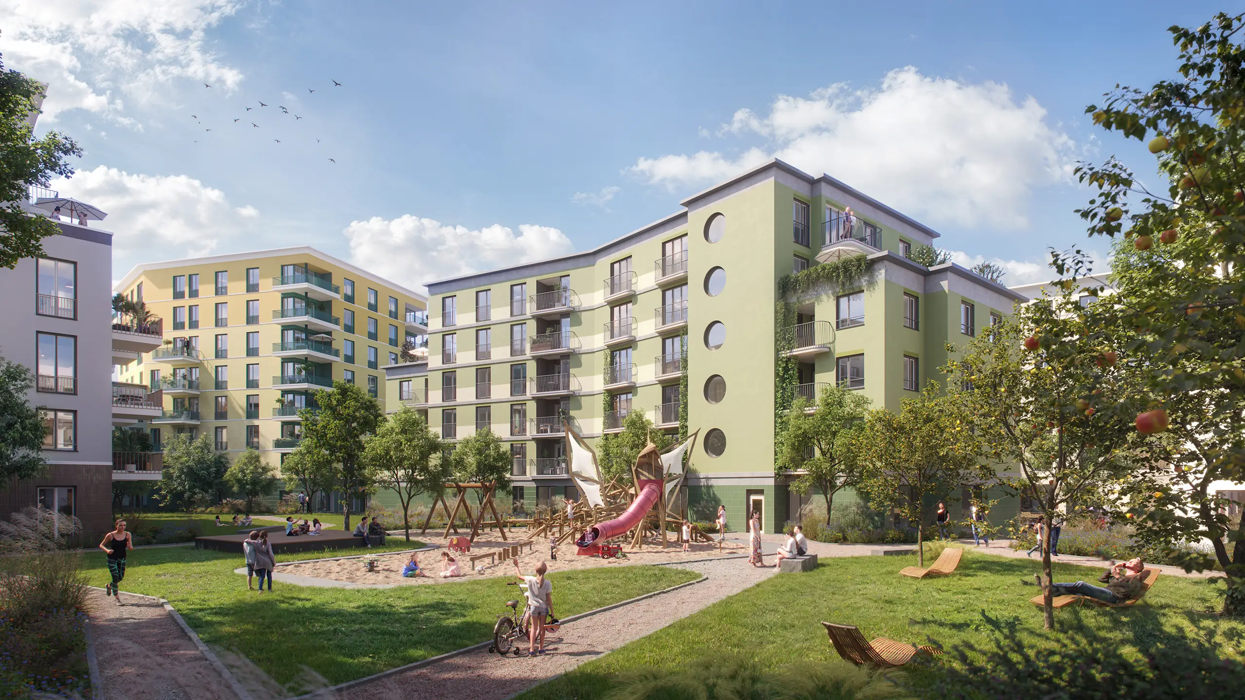 Architekturvisualisierung eines Spielplatzes mit Rutsche und Spielgeräten in der Wohnanlage des ORPLID.