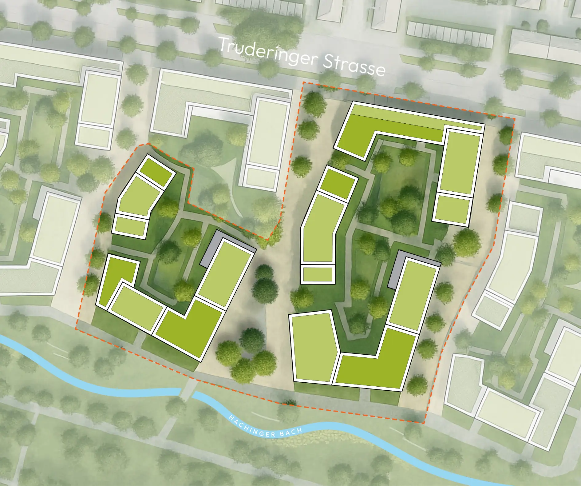 Lageplan des Quartiers ORPLID mit Gebäuden, Grünflächen, der Truderinger Strasse und dem Hachinger Bach