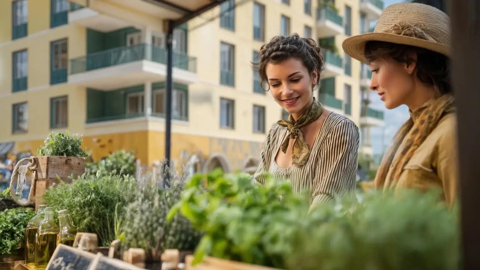 Frauen kaufen frische Kräuter und Produkte auf dem Wochenmarkt im Quartier ORPLID