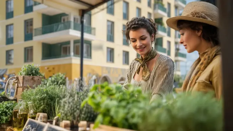 Frauen kaufen frische Kräuter und Produkte auf dem Wochenmarkt im Quartier ORPLID
