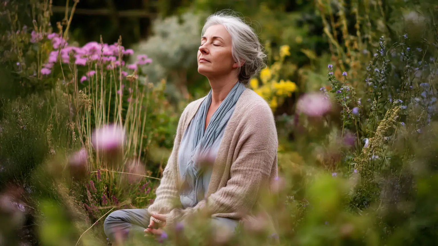 Frau entspannt im Ruhegarten der Wohnanlage ORPLID zwischen blühenden Pflanzen