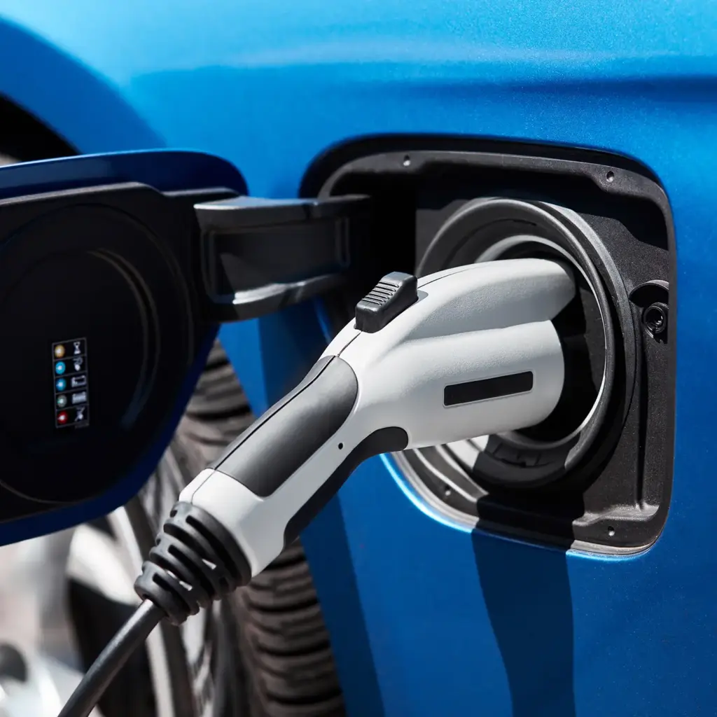 Ein Elektrofahrzeug wird über ein Ladekabel aufgeladen, das in den Ladeanschluss eingesteckt ist.